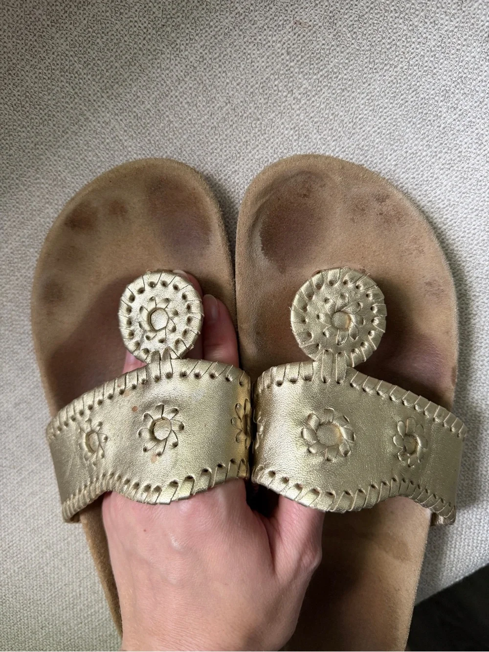 Jack Rogers Metallic Champagne Gold Thong Sandals with Medallion Detail